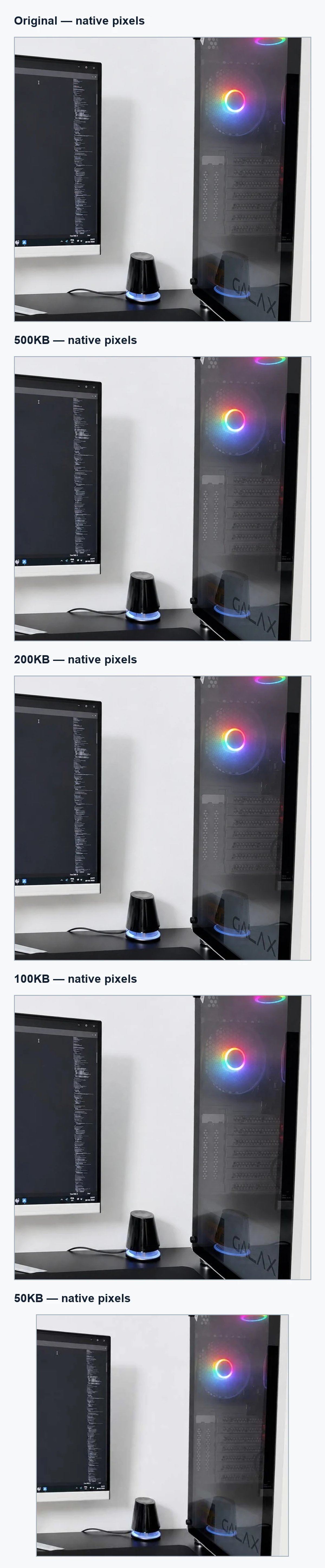 100 percent crop showing small monitor code, RGB lighting, reflective glass and computer-case detail at four image-size targets