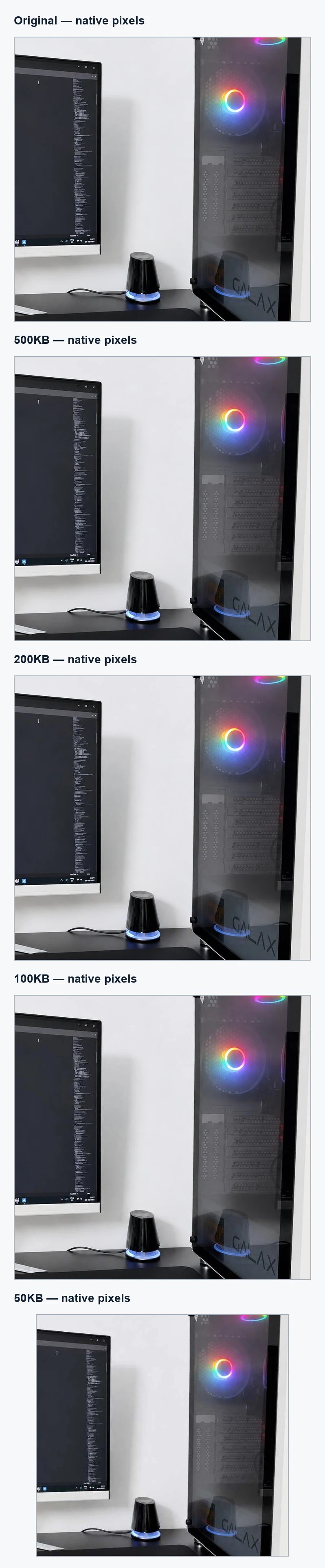 100 percent crop showing small monitor code, RGB lighting, reflective glass and computer-case detail at four image-size targets