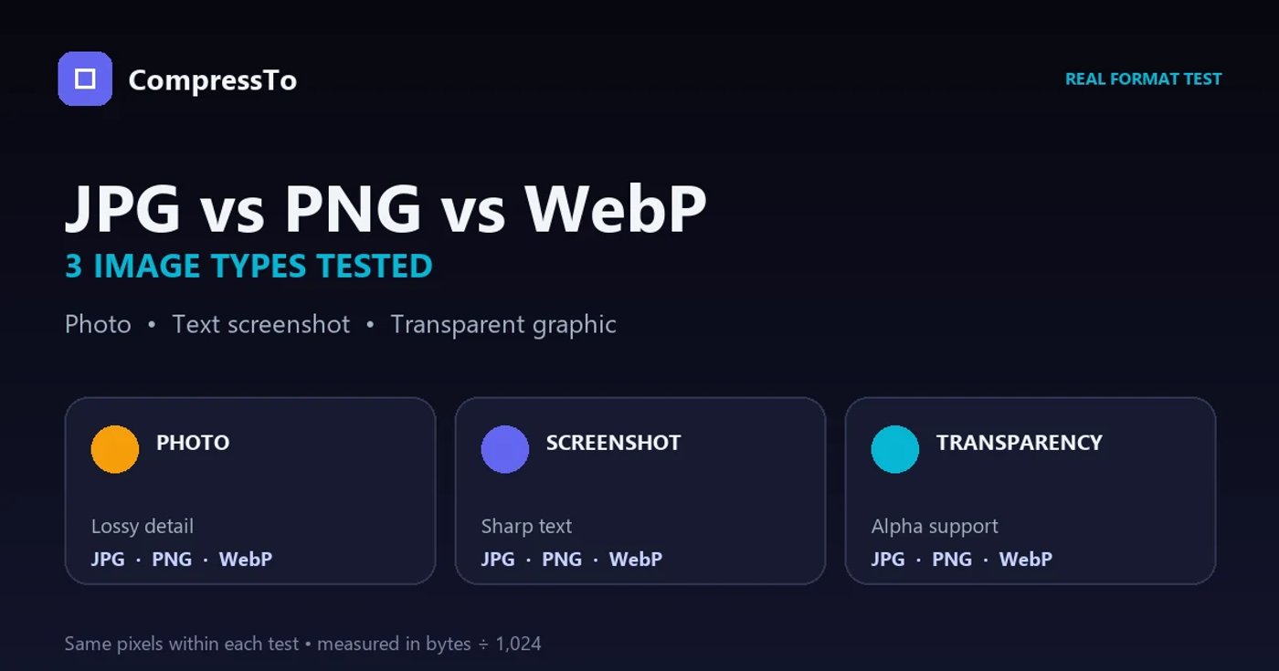 JPG, PNG and WebP comparison covering a photo, text screenshot and transparent graphic.