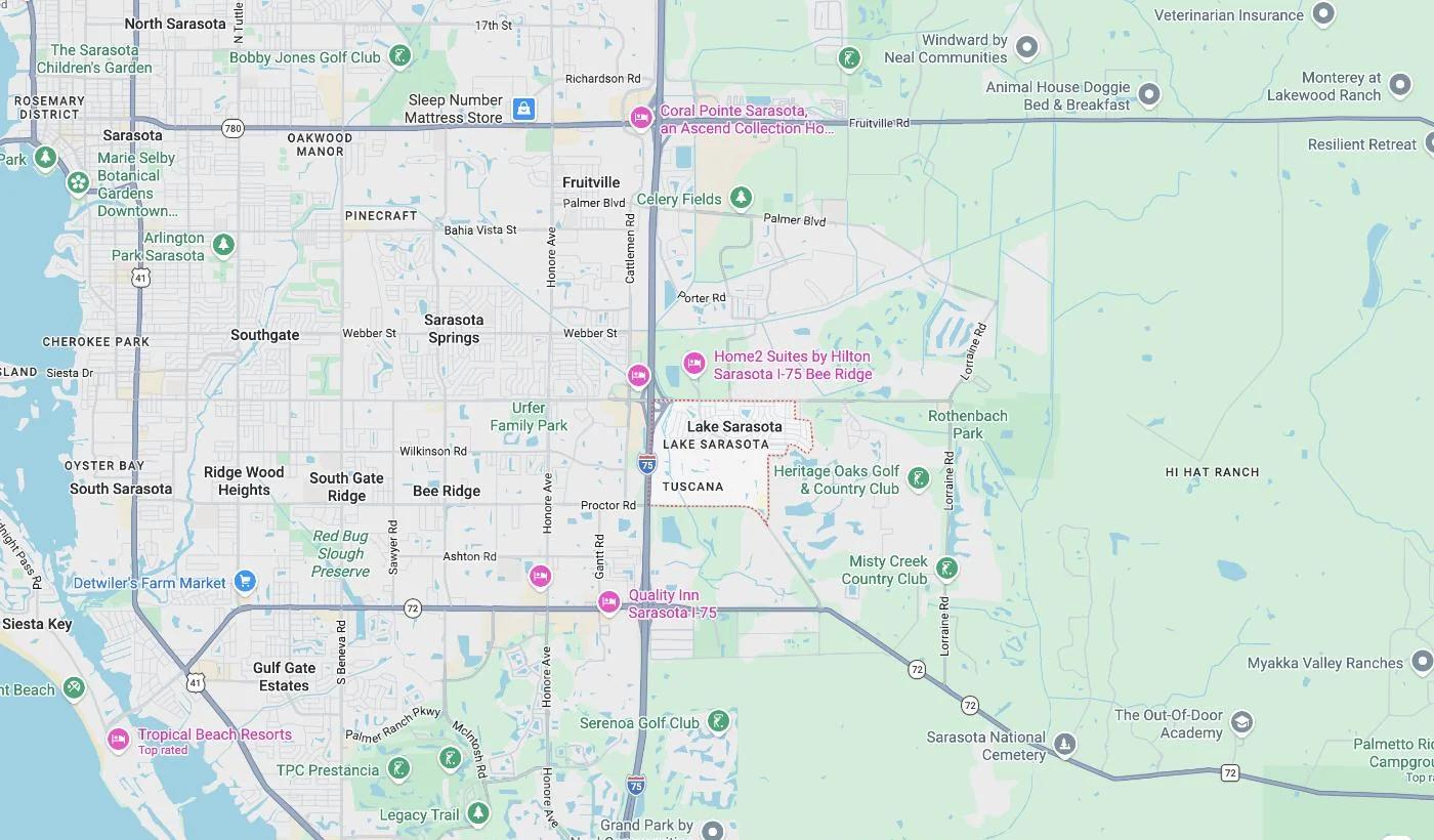 Map of Lake Sarasota, Florida, a service area where David Harris Law represents car accident and injury victims
