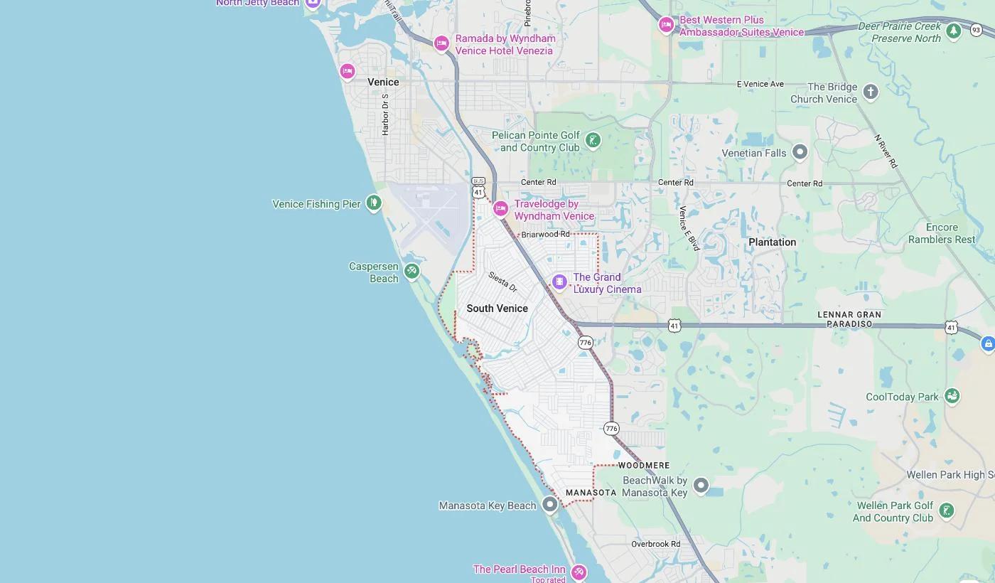 Map of South Venice, Florida, a service area where David Harris Law represents car accident and injury victims