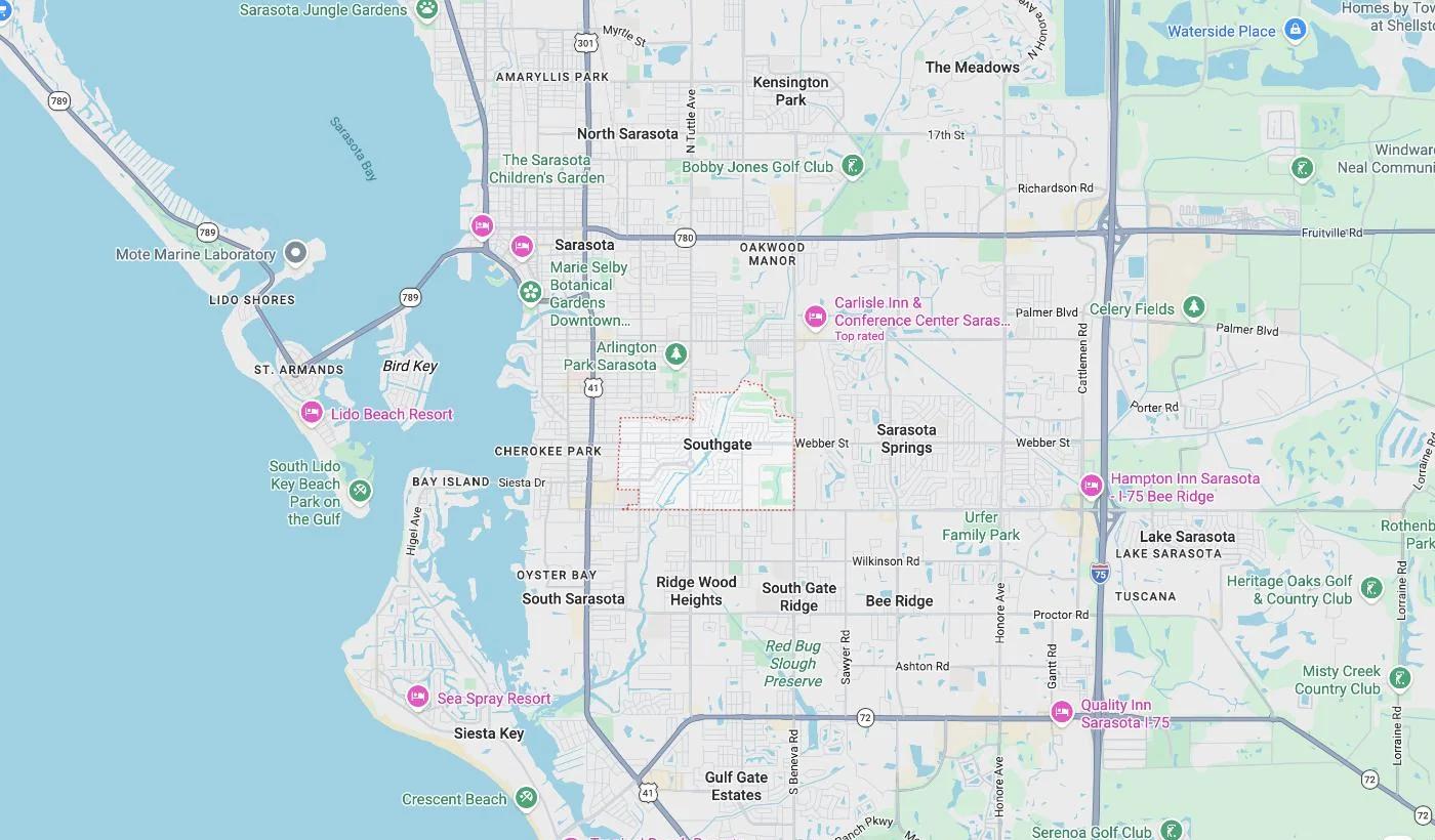 Map of Southgate, Florida, a service area where David Harris Law represents car accident and injury victims