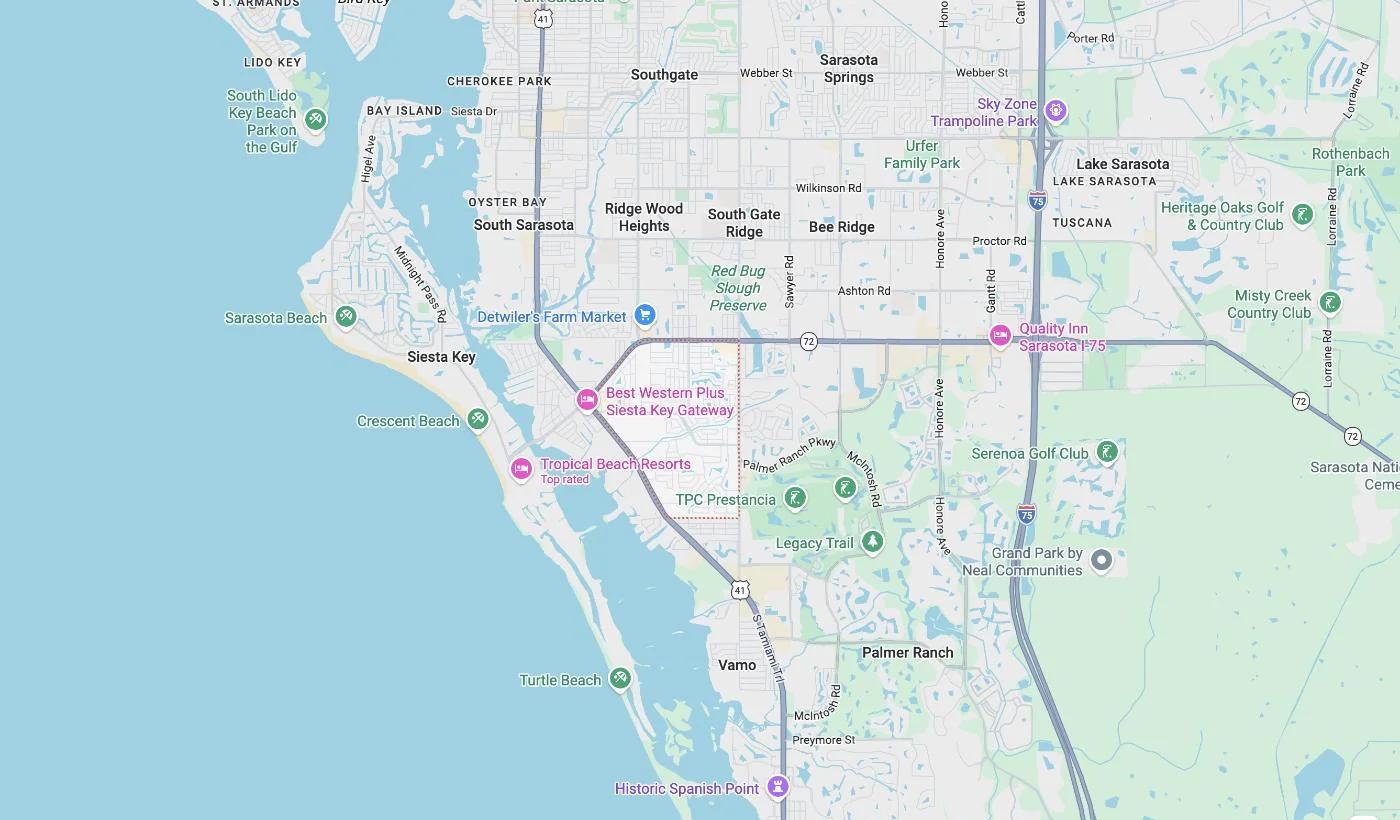 Map of Gulf Gate Estates, Florida, a service area where David Harris Law represents car accident and injury victims