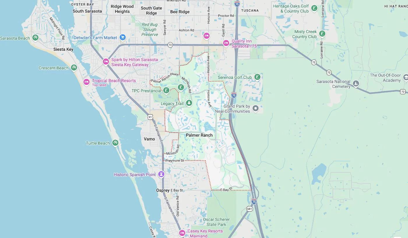 Map of Palmer Ranch, Florida, a service area where David Harris Law represents car accident and injury victims