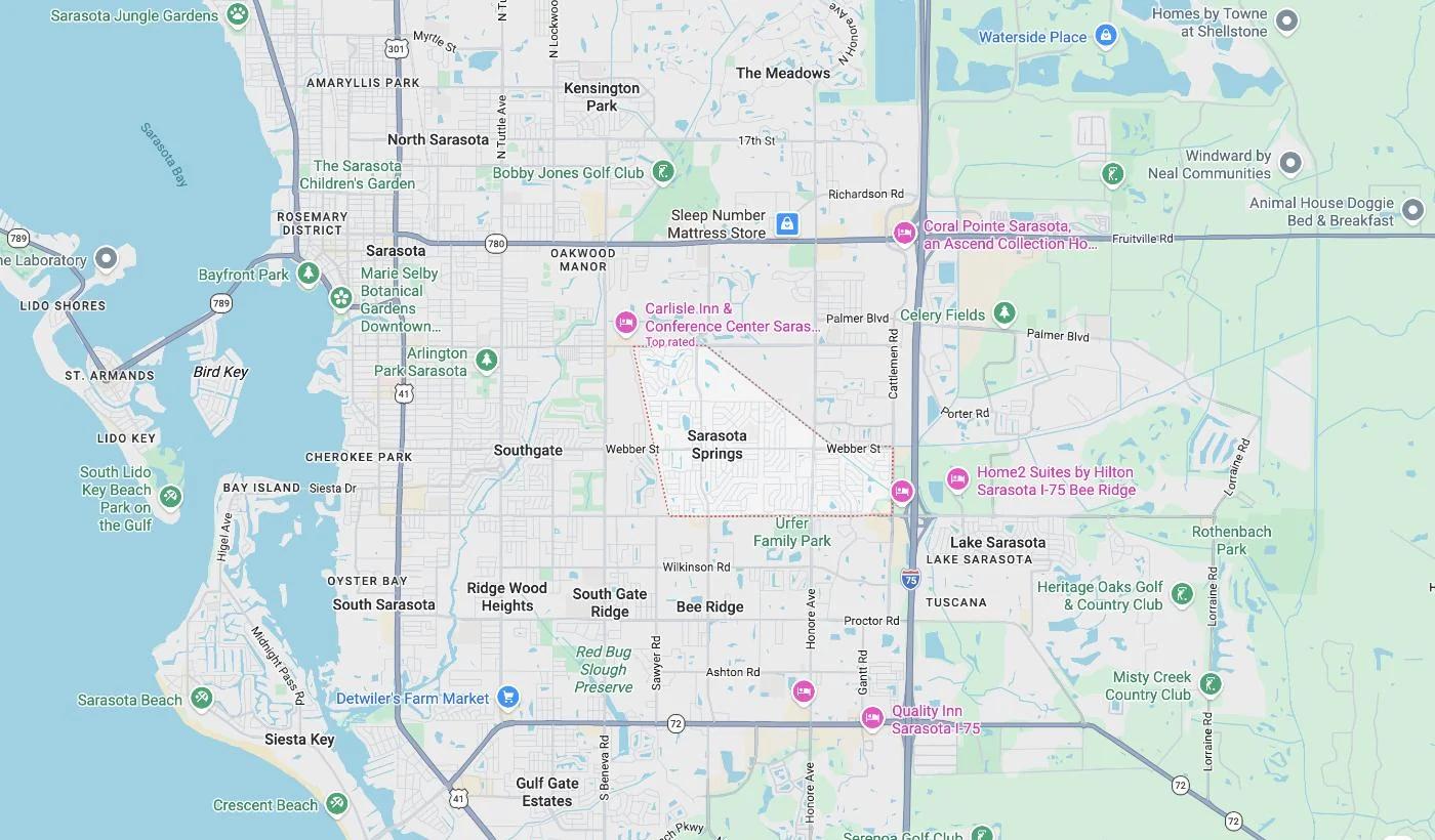 Map of Sarasota Springs, Florida, a service area where David Harris Law represents car accident and injury victims