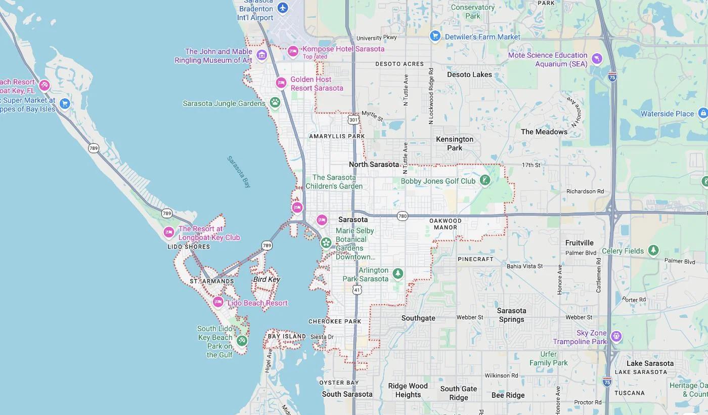 Map of Sarasota, Florida, a service area where David Harris Law represents car accident and injury victims