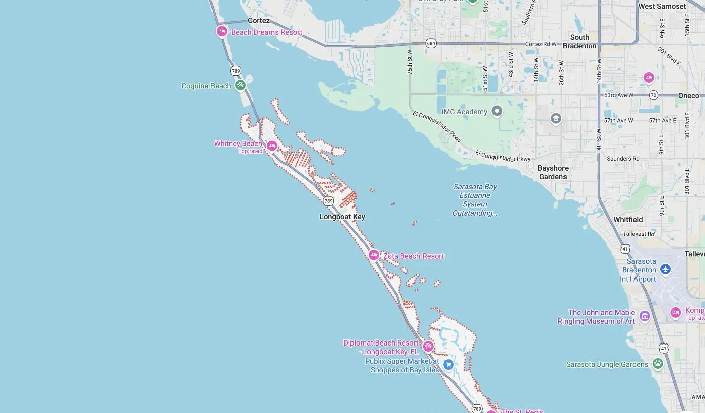 Map of Longboat Key, Florida, a service area where David Harris Law represents car accident and injury victims