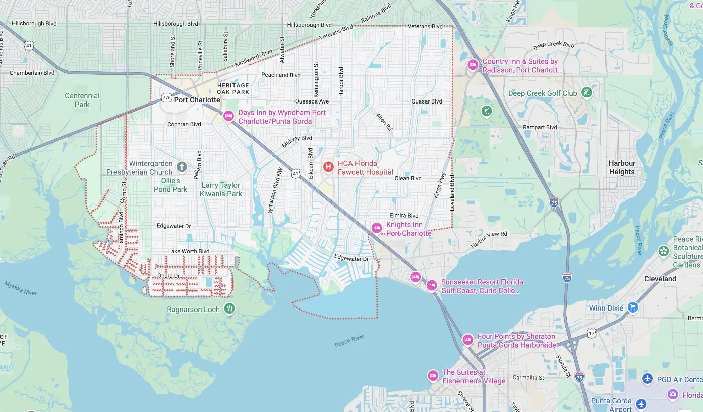 Map of Port Charlotte, Florida, a service area where David Harris Law represents car accident and injury victims
