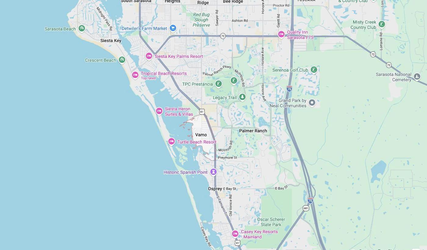 Map of Vamo, Florida, a service area where David Harris Law represents car accident and injury victims