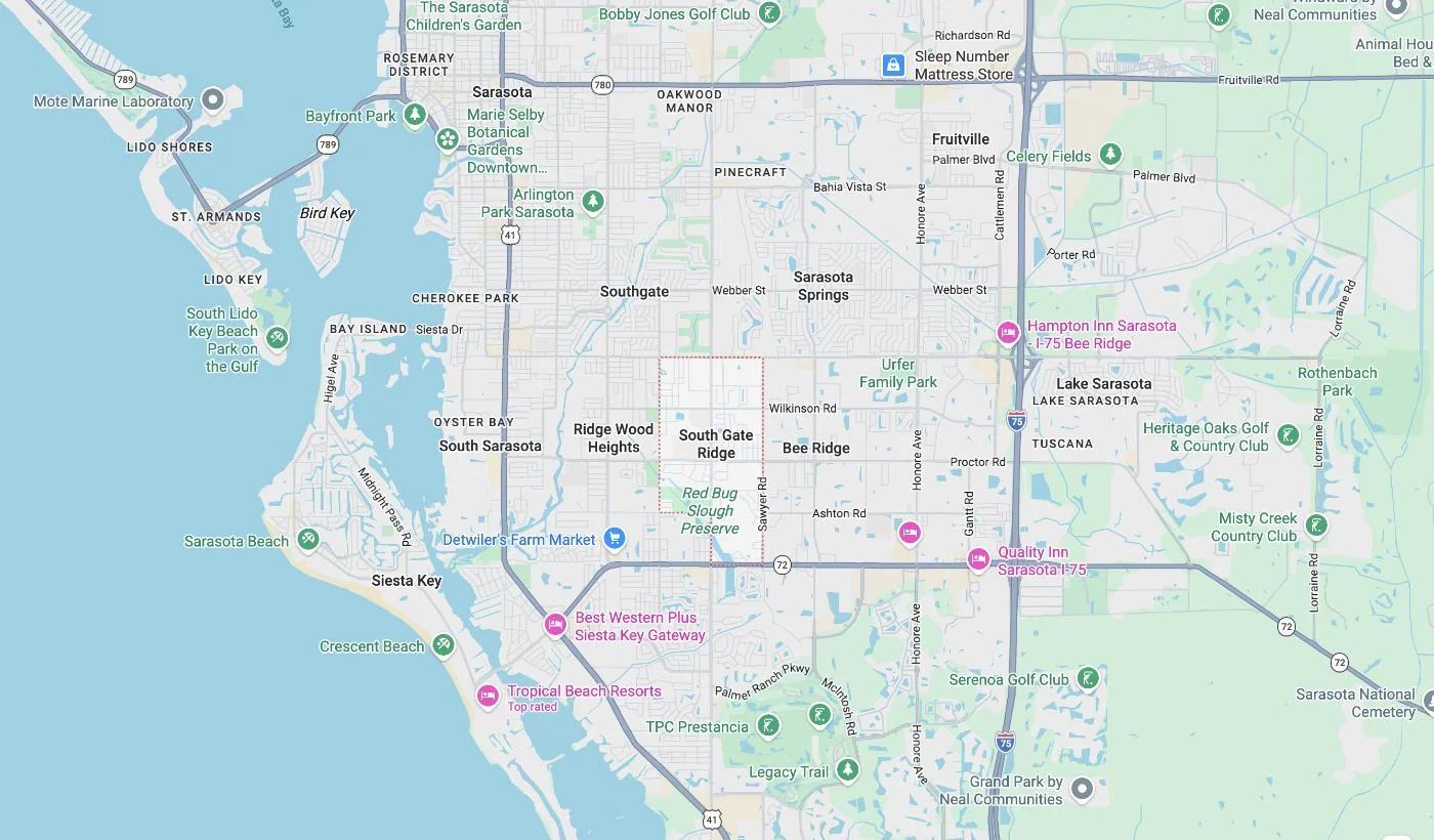 Map of South Gate Ridge, Florida, a service area where David Harris Law represents car accident and injury victims