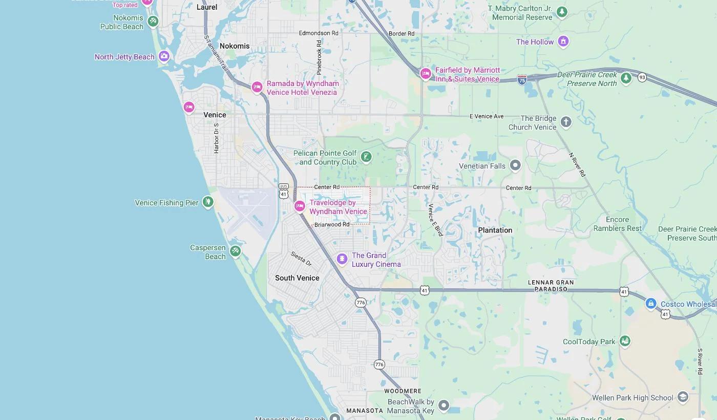 Map of Venice Gardens, Florida, a service area where David Harris Law represents car accident and injury victims