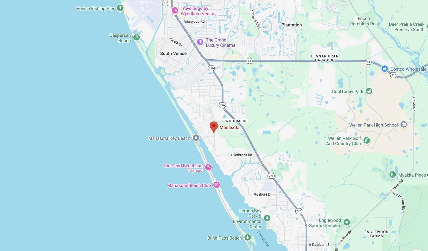 Map of Manasota, Florida, a service area where David Harris Law represents car accident and injury victims