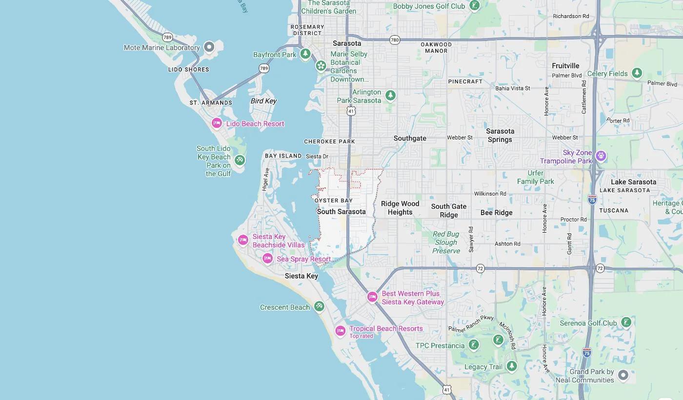 Map of South Sarasota, Florida, a service area where David Harris Law represents car accident and injury victims