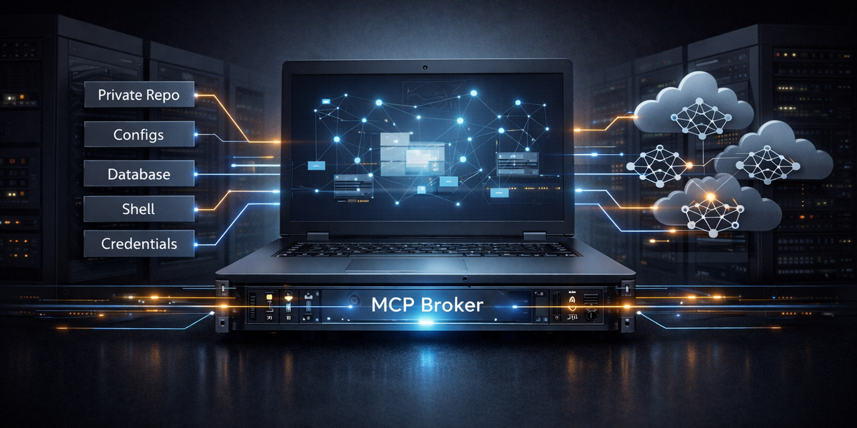 Developer laptop acting as AI runtime infrastructure using MCP, connecting private code and data to external AI models