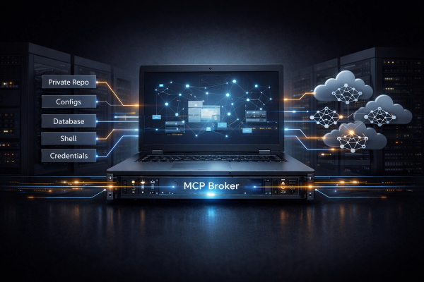 Developer laptop acting as AI runtime infrastructure using MCP, connecting private code and data to external AI models