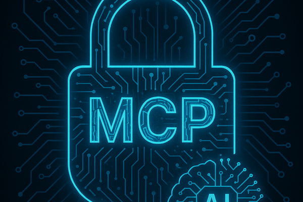 Abstract digital lock made of circuit lines and AI elements on a dark background, symbolizing secure MCP deployments.