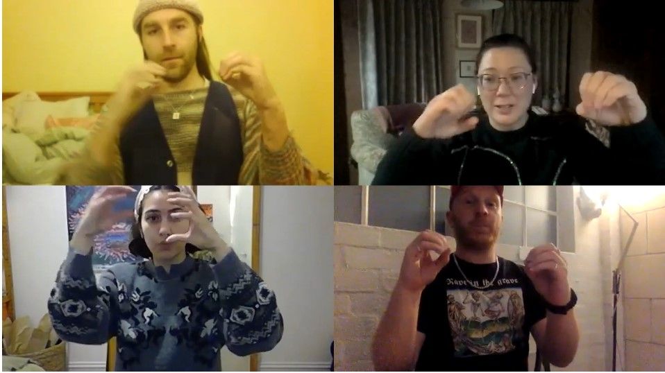 Four people doing sign language at their own space.