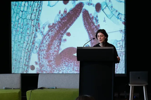 An individual stands on a stage behind a podium stand speaking into a microphone. There is a large projection screen behind them showcasing an artwork. There are two green couches on the stage that have a microphone resting on each of them.