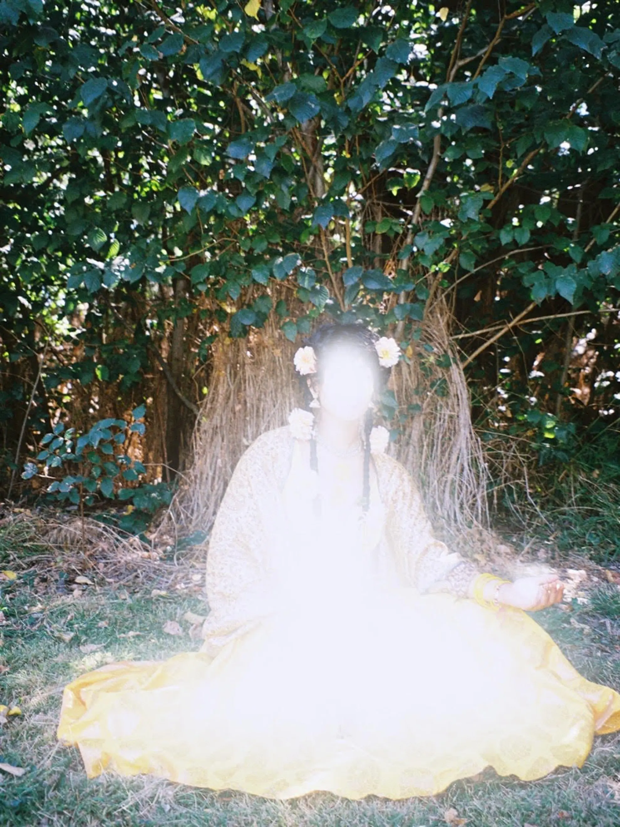 An image of a person in a garment seated on the grass under a tree, they have flowers in their hair and around their neck and are glowing a strong white light.