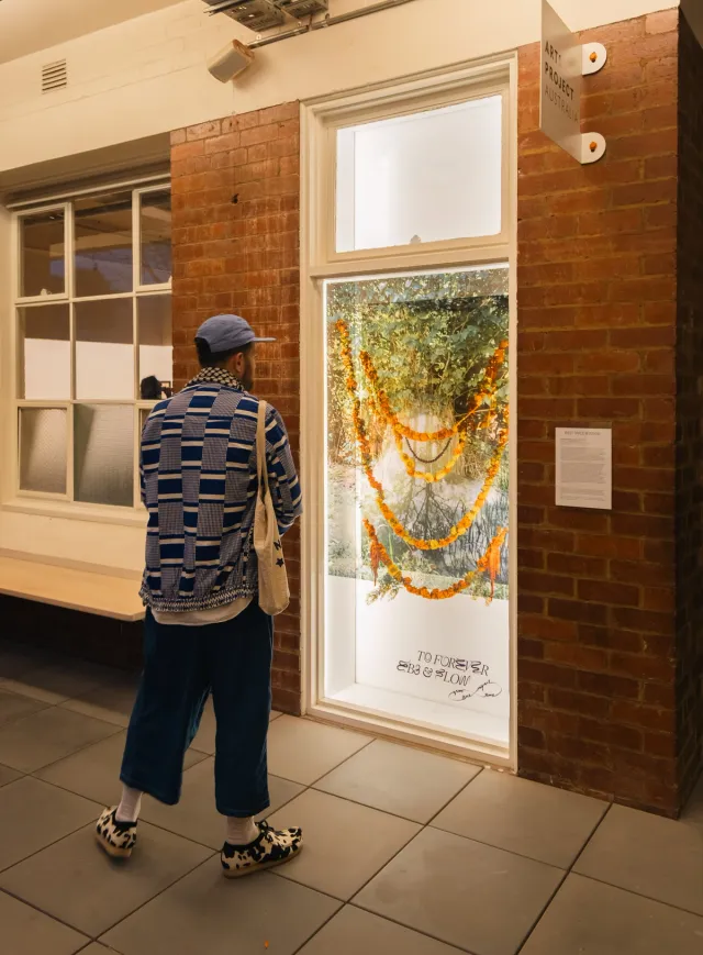 A person in a blue patterned cardigan observes the installation of dried flowers and transparent prints of jungle scenes in the West Space Window.