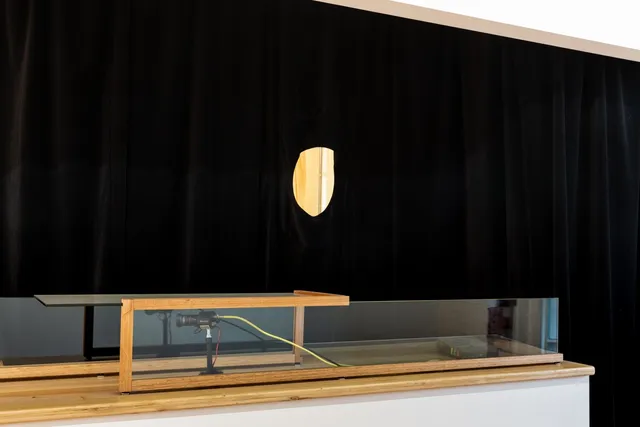 Installation view of "Big Pharmakon". The image shows a countertop with a glass and wood structure with a camera inside of it. A large black curtain hangs behind the counter with a small hole in it.