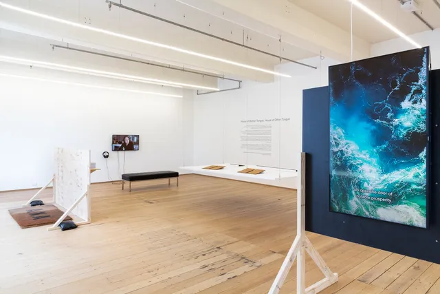 An exhibition space with installation works.