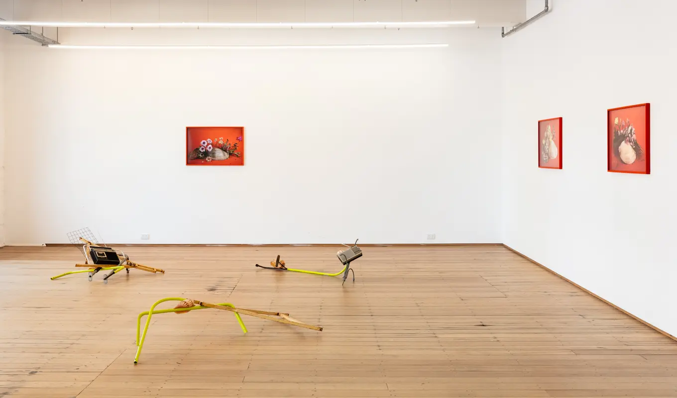 Three of the sculptural installation pieces sit on the gallery floor comprised of metal poles and radios, in the background three framed photography pieces hang from the walls of flowers resting on shells.