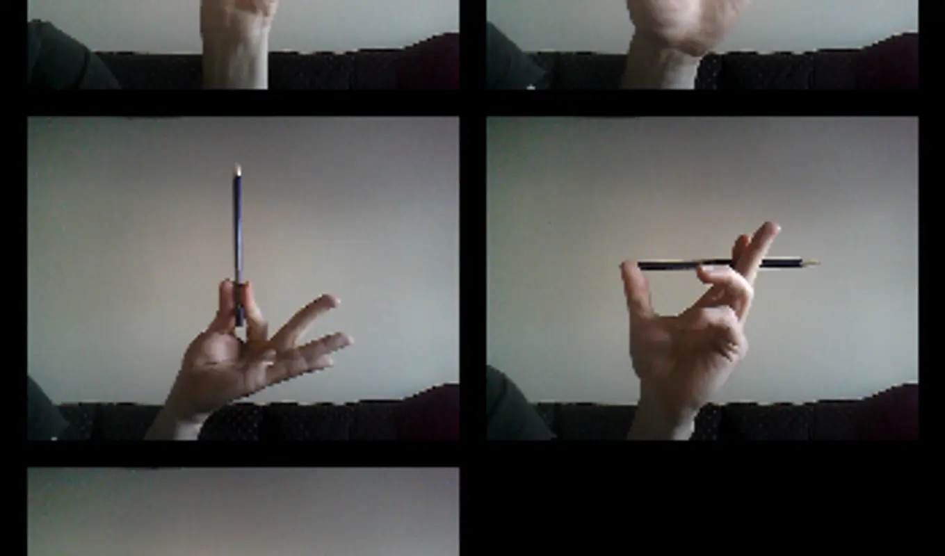 Five images showing a hand holding a pencil in a variety of different positions.