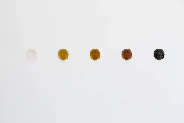 Five cast glass faces are hung in a horizontal line against a white wall, at about 20cm spacings. Each face is of the same person, with jaw-length wavey hair and a broad smile. The glass faces range from clear on the far left, to a yellow hue, to amber, to dark orange, to black on the far right, creating a gradient from light to dark.