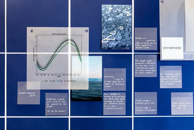 A background of deep blue squares with white intersections hosts a number of photographic pieces and square post it notes with white handwritten messages.