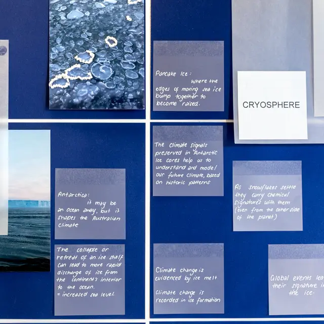 A background of deep blue squares with white intersections hosts a number of photographic pieces and square post it notes with white handwritten messages.