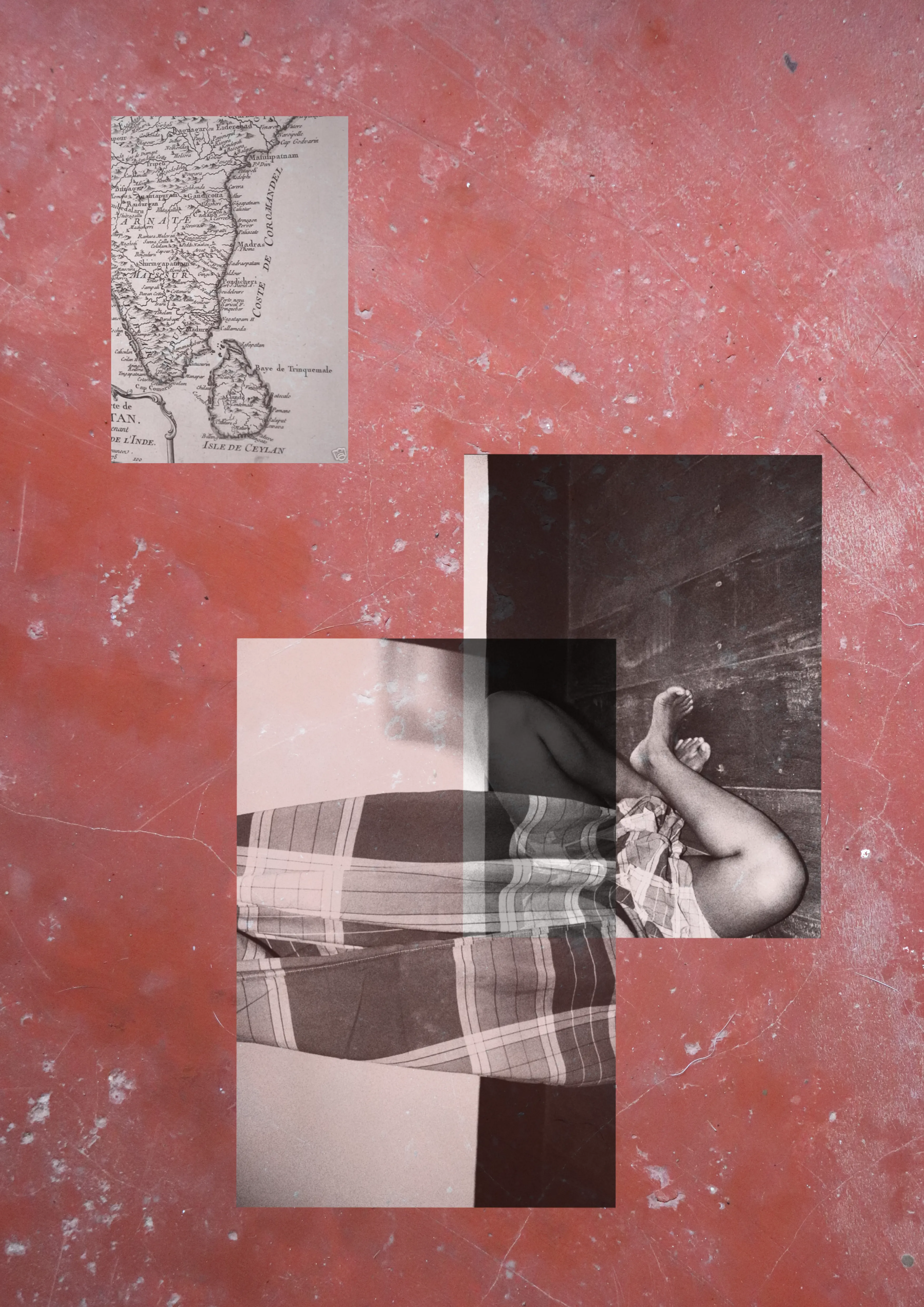 A series of three black and white images, one of a map, one of some plaid fabric, and one of a persons legs. All three images have been overlayed on top of a textured pink background in various positions.