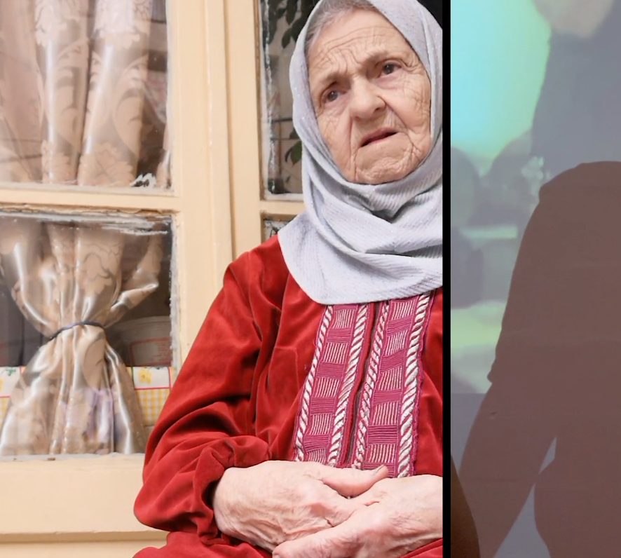 A person sitting in front of the window on the left screen and a shadow on the right screen.