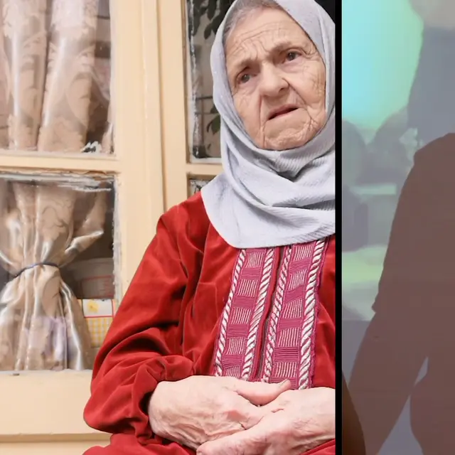 A person sitting in front of the window on the left screen and a shadow on the right screen.