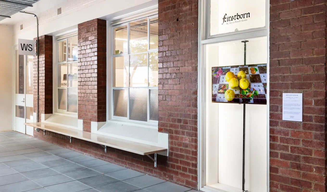 An install shot of the corridor out the front of West Space. There are two large windows lined with white skirting and the narrow window exhibition platform. In the window platform, a screen displays an image of 5 yellow fruits on a checkered table cloth. The screen is installed on a thick vertical beam for structural integrity.