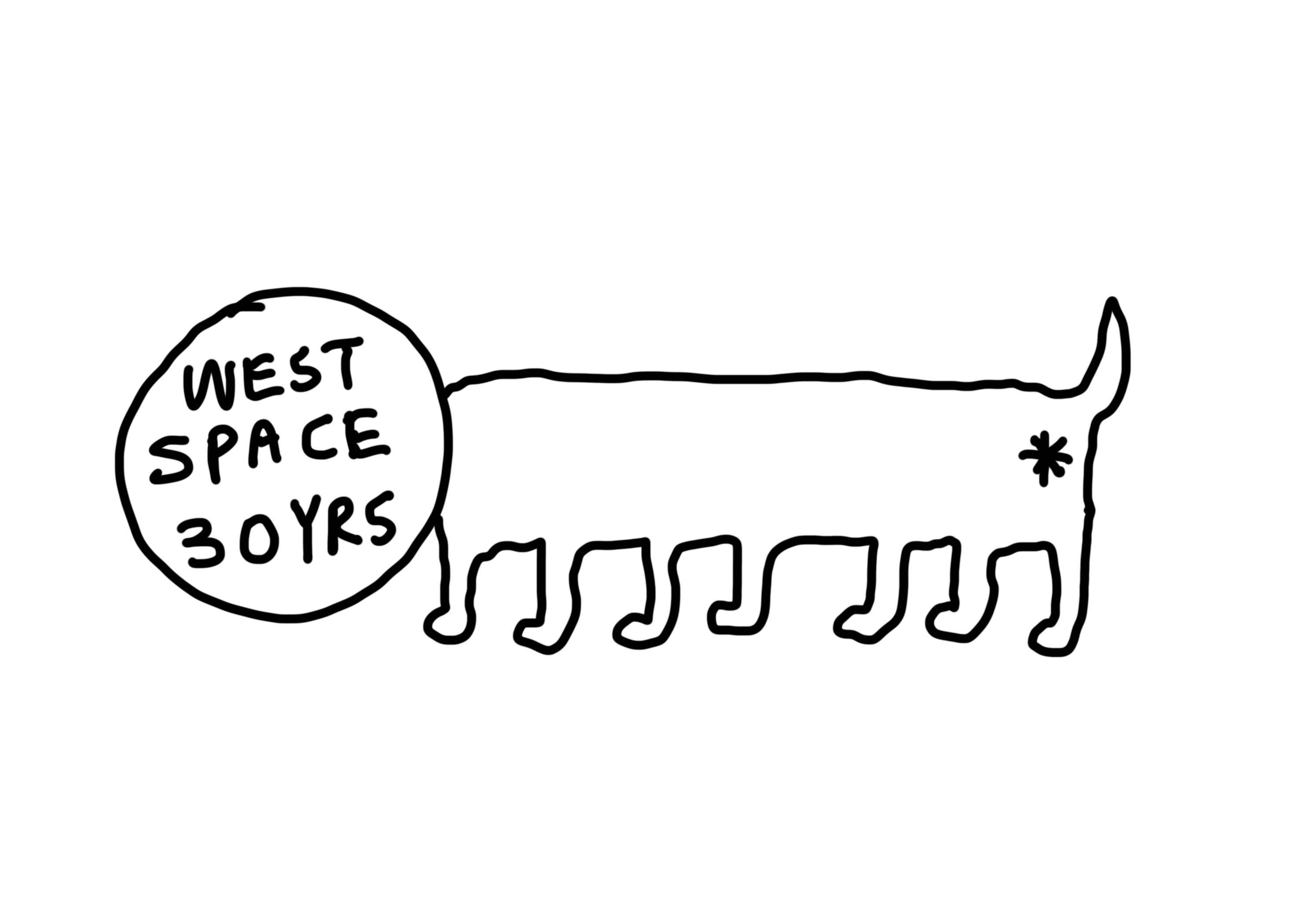 Illustration of a seven-legged animal with a circular head that contains the words 'West Space 30 Yrs'.