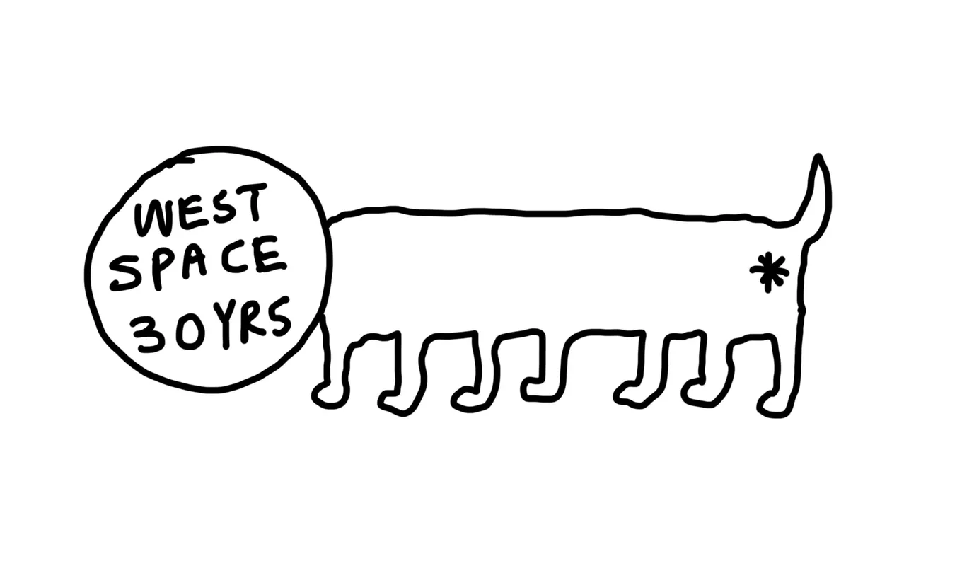 Illustration of a seven-legged animal with a circular head that contains the words 'West Space 30 Yrs'.