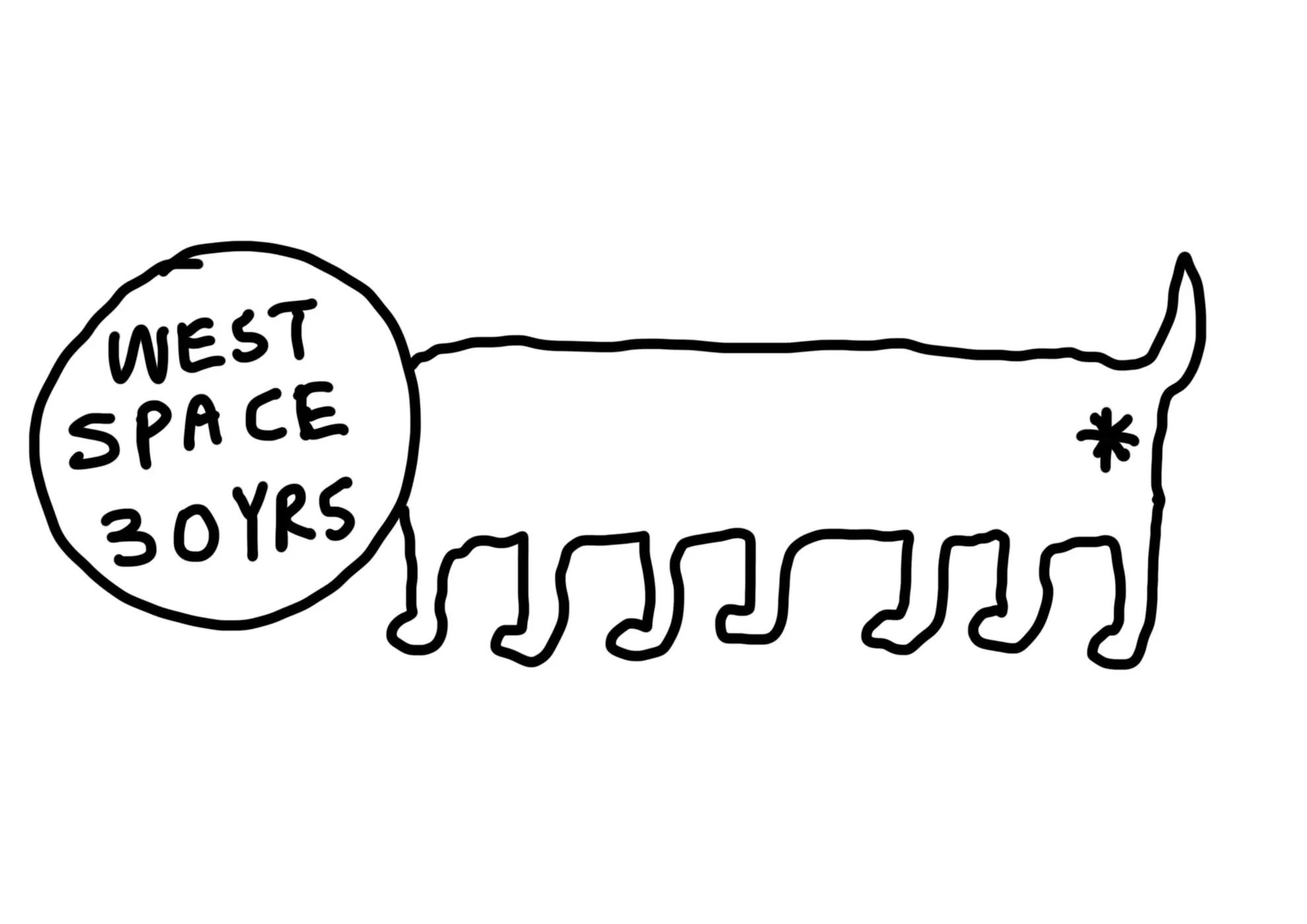 Illustration of a seven-legged animal with a circular head that contains the words 'West Space 30 Yrs'.