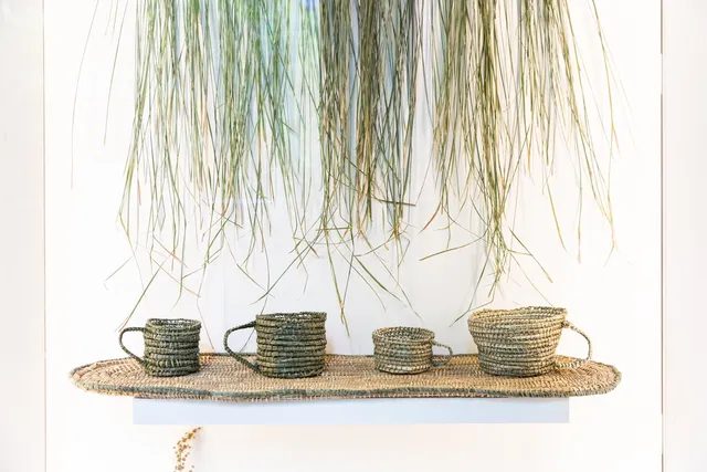 Some densely woven mugs in colours of green, tinted yellow and brown, natural fibres on a rounded, weaved platform. There are 4 mugs. Hung above the elevated mugs is fragments, is the fibre in it's natural state - draping.
