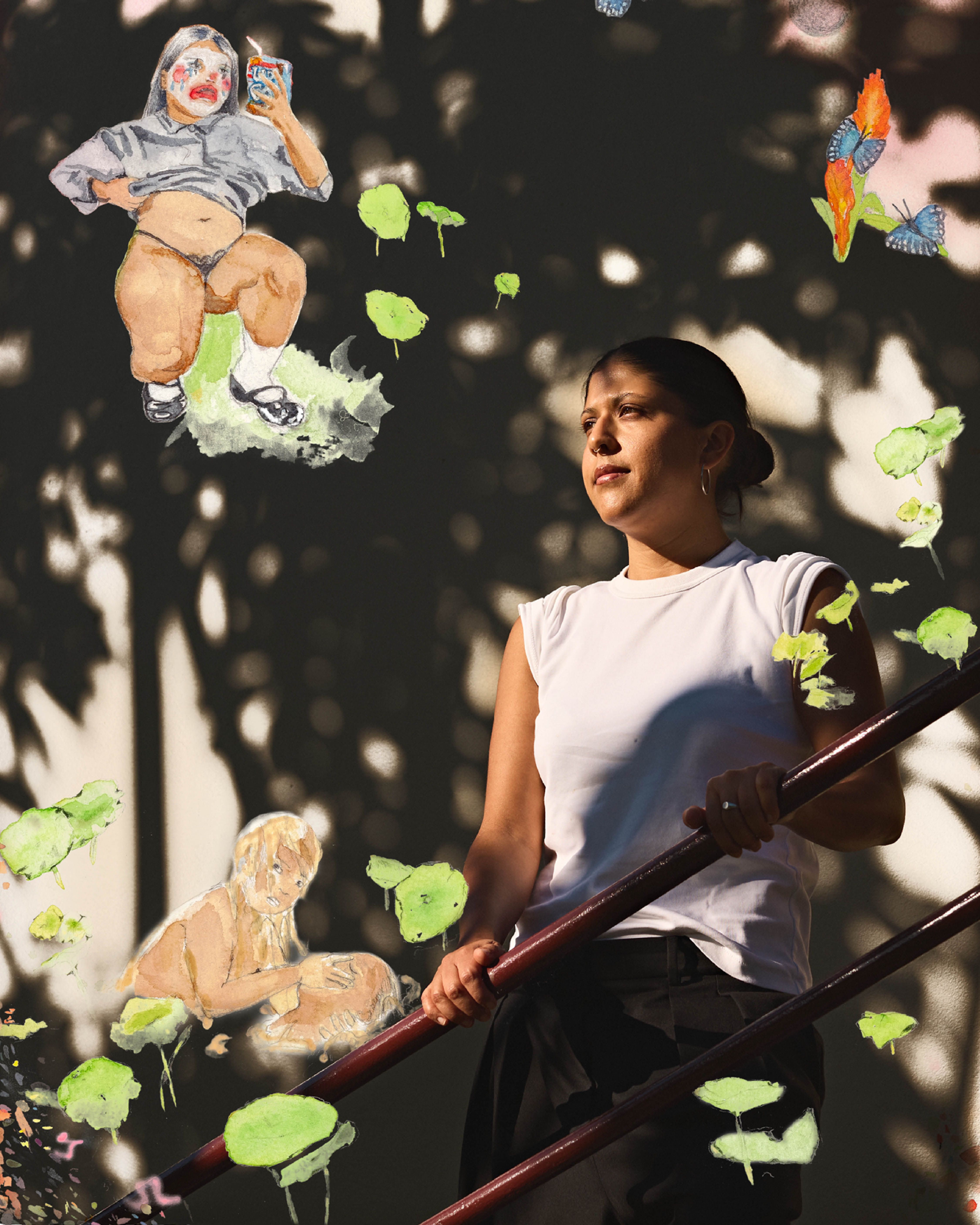 A person standing on a flight of stairs holding onto the hand rails and peering into the sun. Dappled sunlight and shadows paint the background and small graphic illustrations have been edited on top of the image scattered around the person.