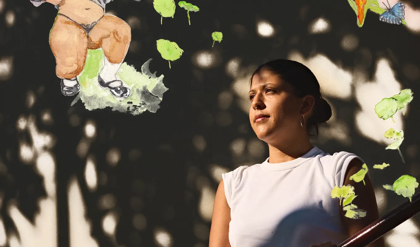 A person standing on a flight of stairs holding onto the hand rails and peering into the sun. Dappled sunlight and shadows paint the background and small graphic illustrations have been edited on top of the image scattered around the person.