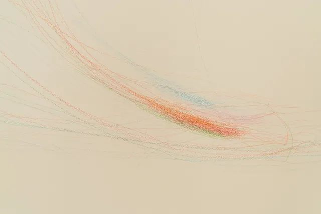 Orange, blue, green and pink pencil line drawings sweeping across a cream wall.