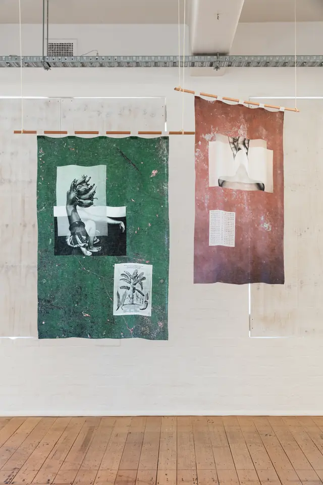 Two printed textile works hang on wooden poles from the West Space gallery ceiling. The one on the right is a dusty pink and the one in the left is a deep green. The windows behind this work have been blocked out by white boards.