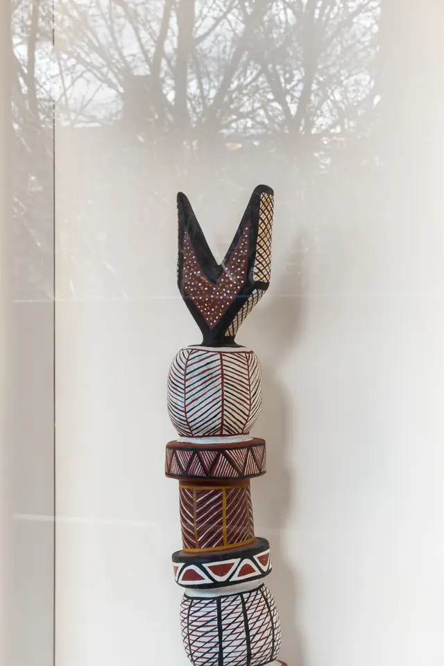 Matthew Galarla, ‘Tutini (Pukumani Pole)’,  installation view: West Space, Collingwood Yards, 2023. Photography by Janelle Low.