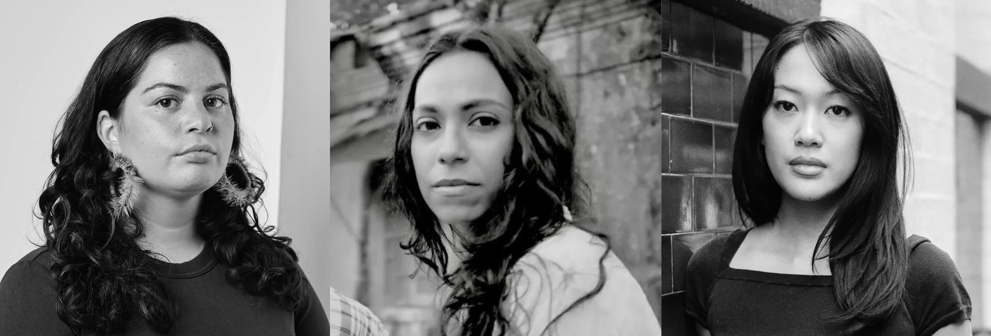 Portrait photographs of the three artists as part of 'language to reach with' from left to right the artists are Moorina Bonini, Nithya Iyer, and Chi Tran.