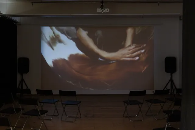 The projected film on the gallery wall shows a human arm and hand touching the back of a cow. The cow has white and brown markings. The image is distorted with a curved lens.