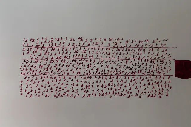 A series of maroon stick figure drawings arranged in horizontal rows, with some figures appearing to be in motion against a white wall.