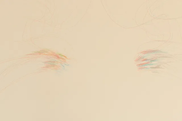 Orange, green, blue, pink and black pencil line marks scribbled on a cream wall. Drawings are compressed in sections on either side of wall, then scatter into fine line scribbles to the top of the wall.