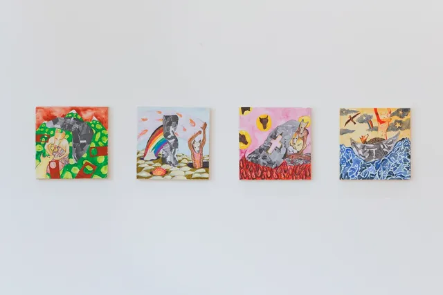 Peter Waples-Crowe's untitled series of four small square paintings are hung in a horizontal line on a white wall. The image on the far left is of two anthropomorphic dingos, one of which is holding a baby dingo inside a blanket. The image perspective is from above and distorts into the background, which is a rusty red tone along the top. The bottom two thirds is a vibrant green with yellow spots, interrupted by a segment of greyscale paper collage. The next painting again includes the humanised dingo, which is standing in a black hole, waving its arms. There is a blue sky with a rainbow, a section of greyscale paper collage, and balls of fire flying across the sky. In the foreground, there are large rocks scattered across the dirt and a small but bright fire. The third painting has a blotchy pink background covering the top two thirds, with silouhettes of dingo heads in yellow circles, and dark red teardrop shapes covering the bottom third. The greyscale paper collage form, with a pale pink crucifix in the centre, shelters three dingos, two of which are cradelling the third, which appears to be dead. The final painting depicts a grey collage boat floating in a blue sea made up of dingo faces. The top half of the painting is a yellow sky with grey clouds, stars, and a rainbow. There are two dingos in the boat, one standing up with arms raised and one lying down.