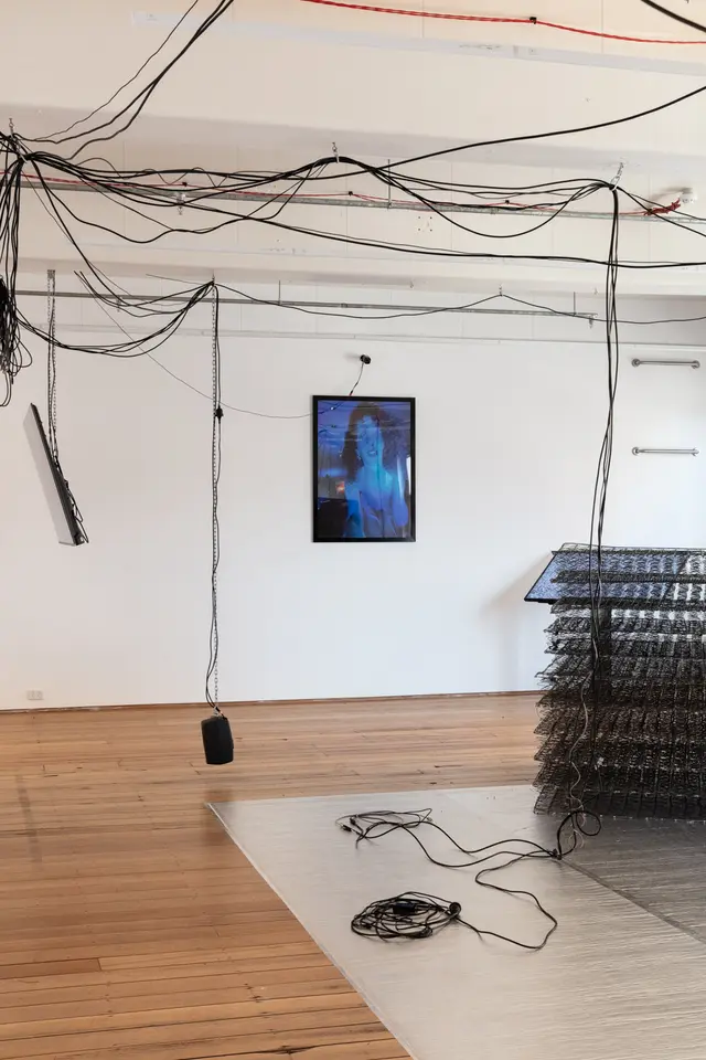 A screen, a speaker, and a microphone are hanging from the ceiling. Layers of metal springs from mattresses are on the foil mat in the middle of the gallery. A blue picture of a woman, a CCTV camera, and some towel rails are attached on the wall.